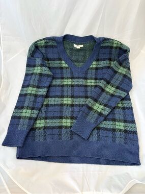 Aeropostale Oversized V-Neck Plaid Sweater in Blue and Green- Womens
